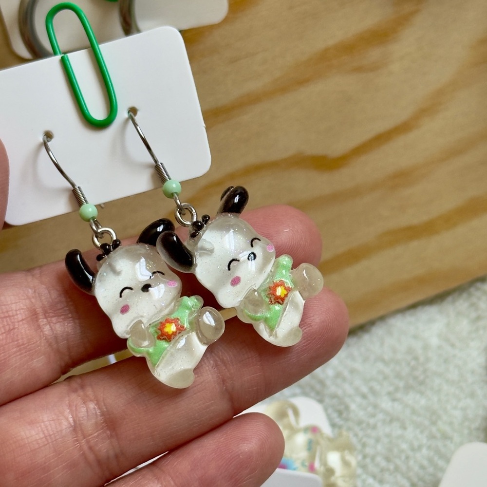 Cute Puppy Charm Earrings for Kids – White & Green